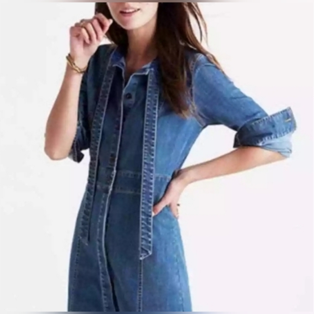 Madewell Denim Tie Neck Shirtdress Button Front Jean Dress Size 12 - Picture 2 of 13